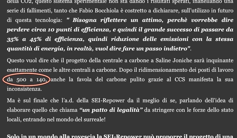 "Nach der Redimensionierung der Arbeitsplätze von 500 auf 140, ..." in Beitrag «Centrale a carbone: SEI-REpower giù la maschera!» vom 13. Januar 2012 auf nocarbonesaline.it. 