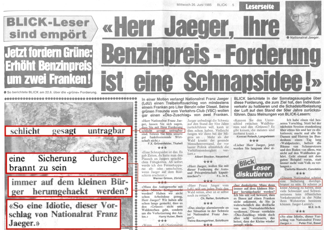 Blick Titel vom 26. Juni 1985: «Herr Jaeger, Ihre Benzinpreis-Forderung ist eine Schnapsidee!»