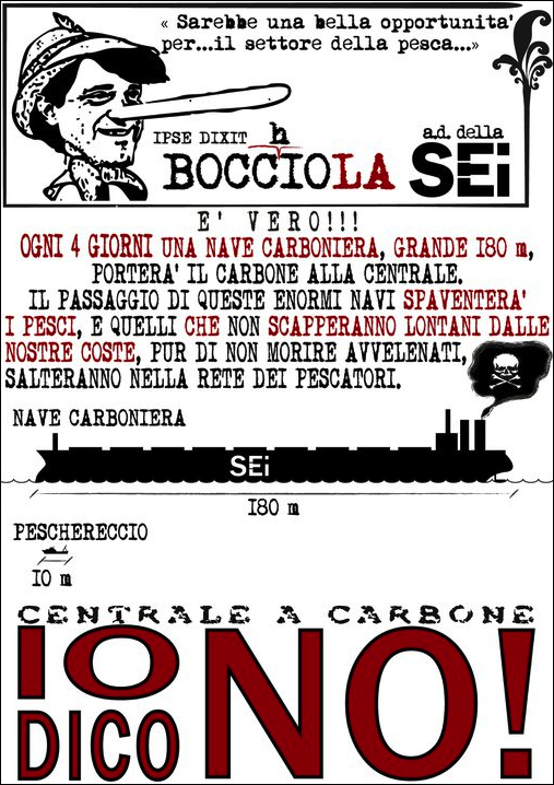 "Es wäre eine schöne Gelegenheit für ... die Fischerei ..." ... um der Vergiftung zu entkommen, werden die Fische aus den Netzten der Fischer springen. Graphik der Kohlegegner des Coordinamento Associazioni Area Grecanica (nocarbonesaline.it).