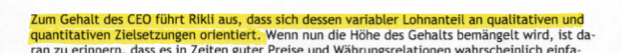 Zum Gehalt des CEO führt Rikli aus, dass sich dessen variabler Lohnanteil an qualitativen und quantitativen Zielsetzungen orientiert. Auszug aus dem Protokoll der Repower Generalversammlung 2012.