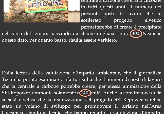 Bildschirmfoto der Website von nocarbonesaline.it. Es werden die 300 Arbeitsplätze aufgeführt, von denen die SEI spricht und den 140 Arbeitsplätzen gegenübergestellt, die tatsächlich zu erwarten wären. Die Fehlbehauptung war sogar Thema in der nationalen Presse gewesen. Die betreffende Seite auf nocarbonesaline.it behandelt die «Inchiesta» von La Repubblica,